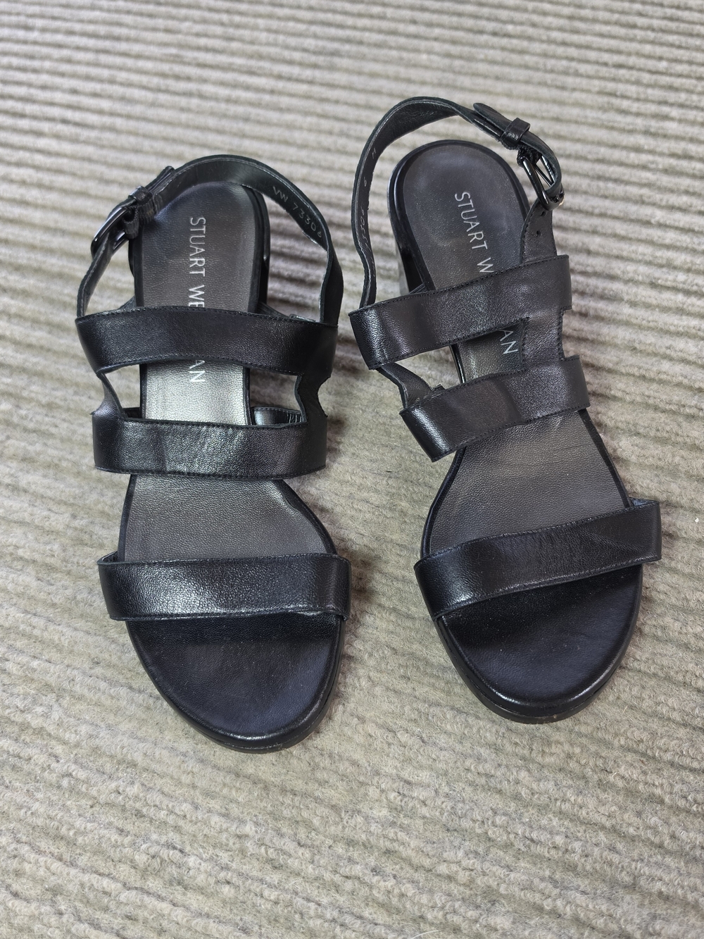 Stuart Weitzman Women’s Black Leather Strappy Ankle Block Heel 6M Soft Buckle